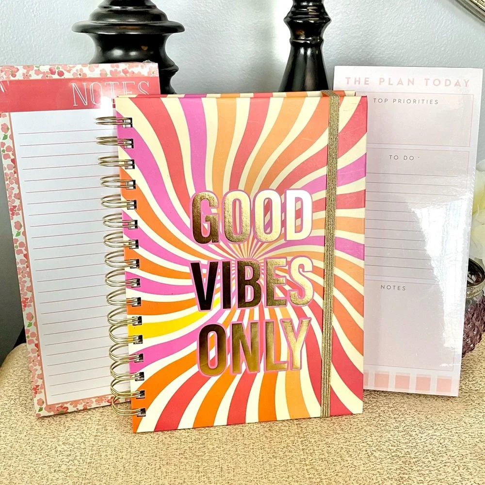 NWT GOOD VIBES ONLY Hardcover Notebook Journal/ 2 Pk Notepads Stationery Bundle